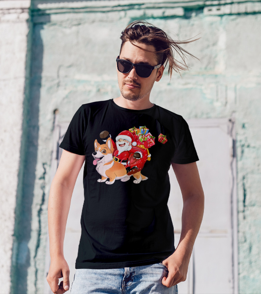 Santa Riding Welsh Corgi Christmas Pajama Fun Holiday Presents T-Shirt