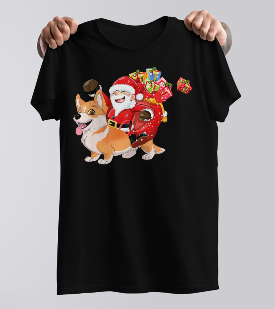 Santa Riding Welsh Corgi Christmas Pajama Fun Holiday Presents T-Shirt
