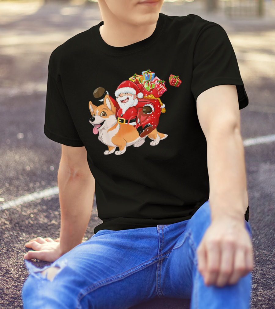 Santa Riding Welsh Corgi Christmas Pajama Fun Holiday Presents T-Shirt