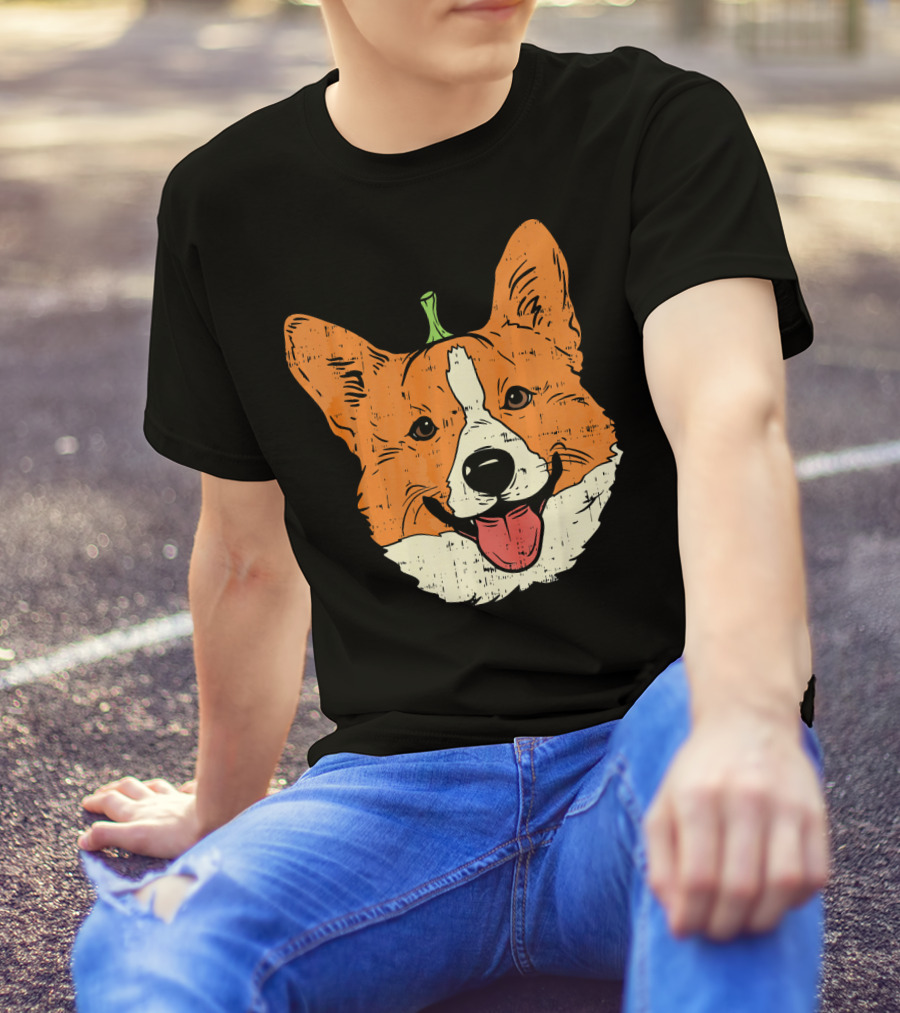 Welsh Corgi Pumpkin Face Halloween Costume Head T-Shirt