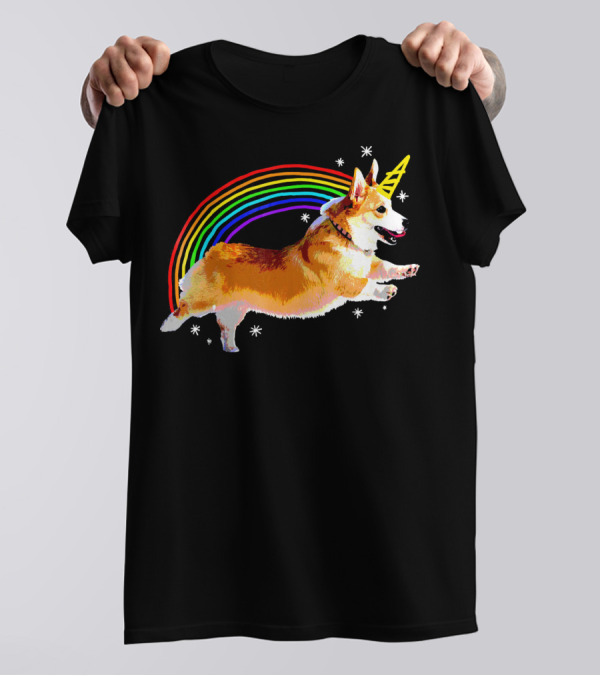 Unicorn Corgi Rainbow Doodle Funny Graph T-Shirt