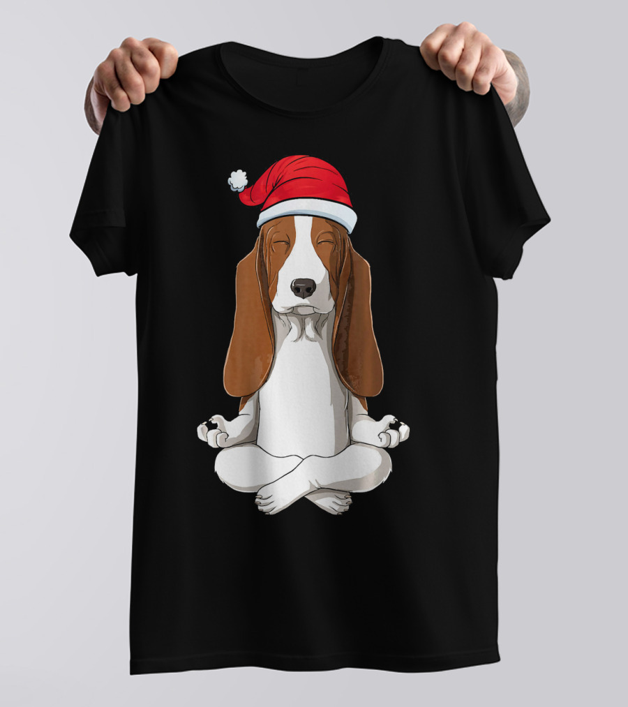 Christmas Basset Hound Meditation With Santa Hat T-Shirt