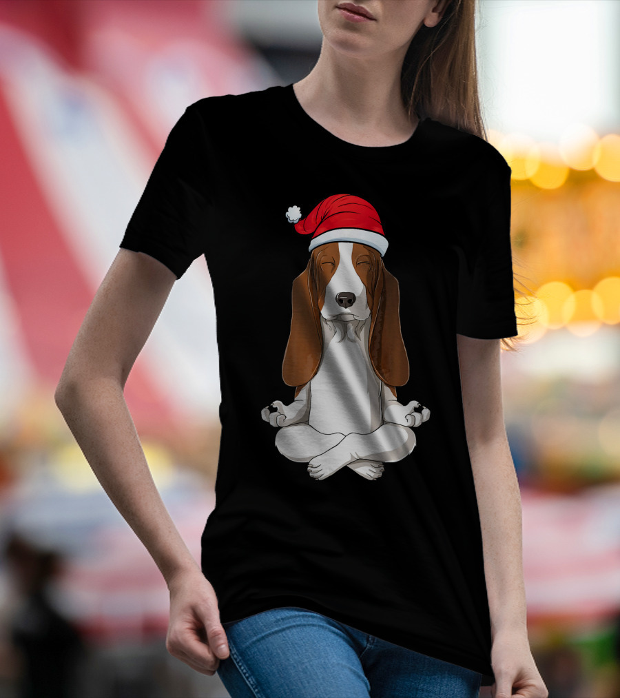 Christmas Basset Hound Meditation With Santa Hat T-Shirt