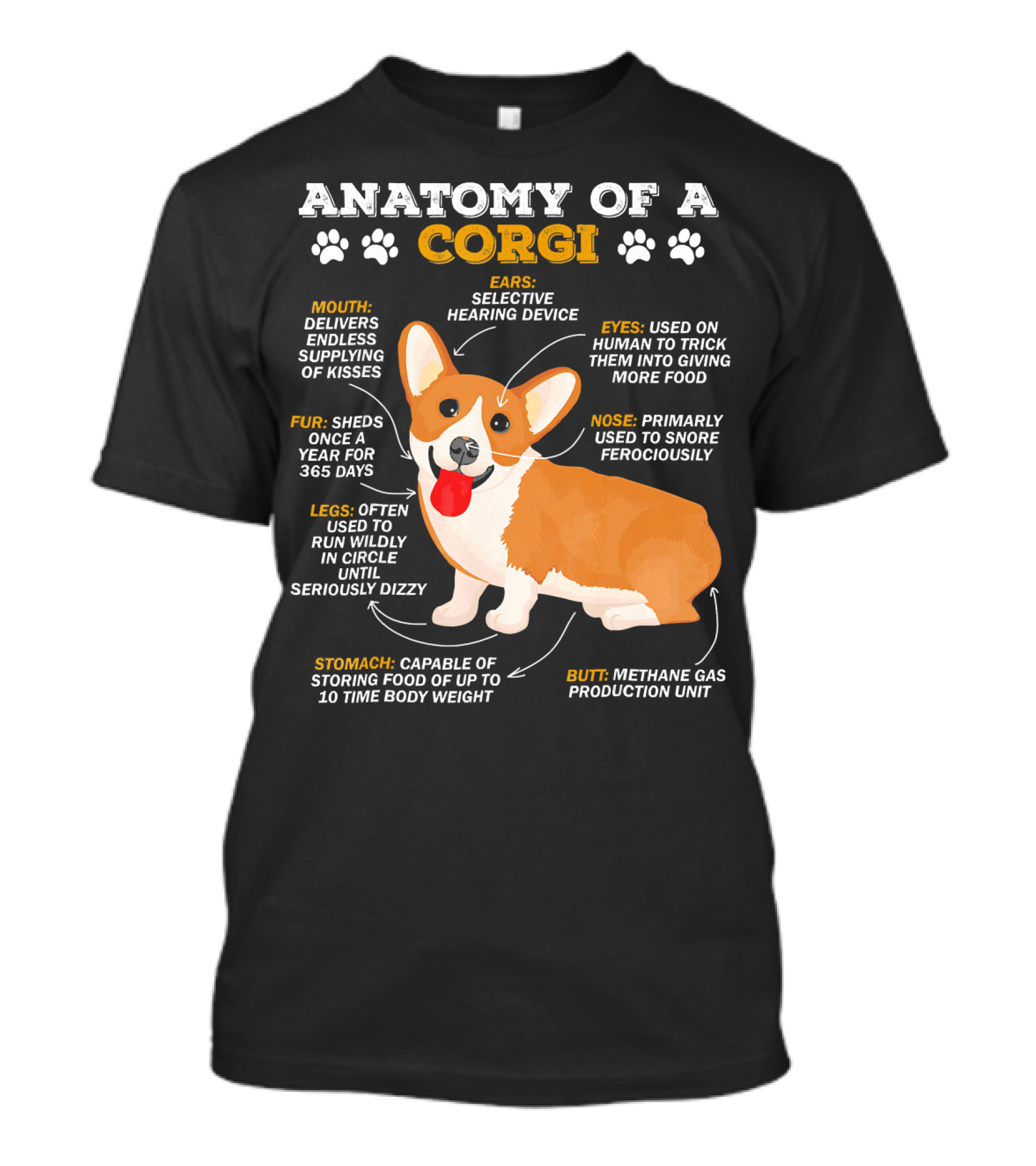 ANATOMY OF A CORGI MOUTH EARS EYES FUR NOSE LEGS STOMACH BUTT T-Shirt