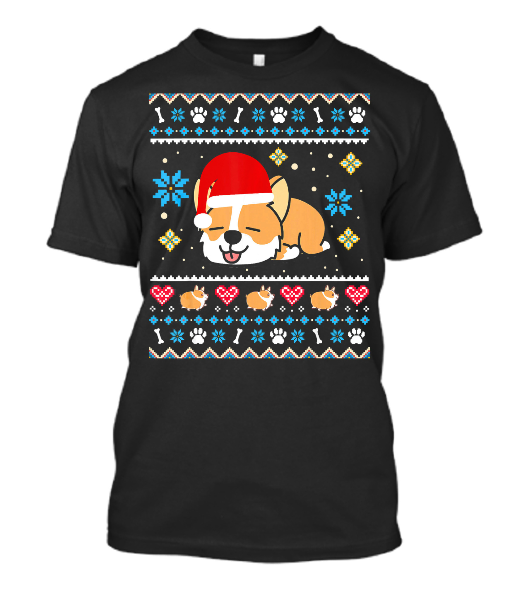 Xmas Ugly Corgi Cartoon Santa Hat Cute Dogs Lover Snowflakes Hearts Paws Bones T-Shirt