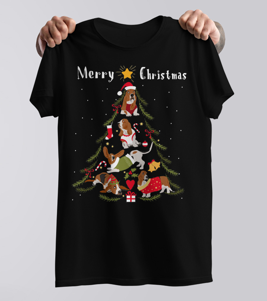 Merry Christmas Basset Hound Tree Xmas Dog Love T-Shirt