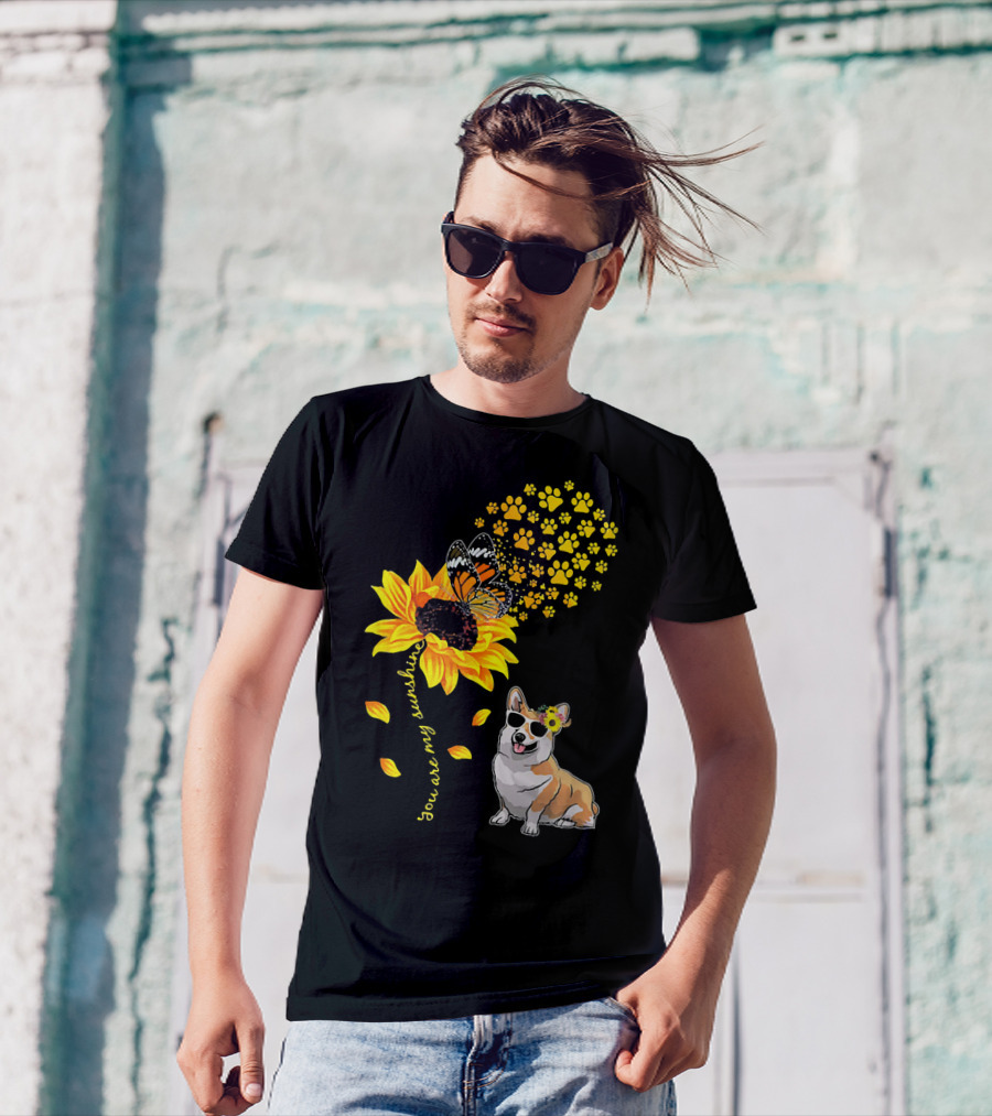 You Are My Sunshine Sunflower Corgi Butterfly Paws T-Shirt