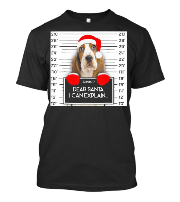 Dear Santa I Can Explain Xmas Cute Basset Hound Mugshot Santa Hat T-Shirt