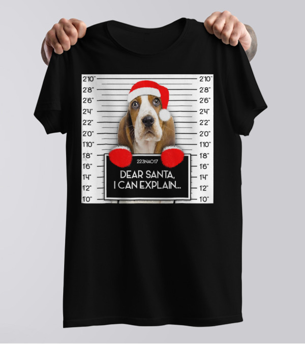Dear Santa I Can Explain Xmas Cute Basset Hound Mugshot Santa Hat T-Shirt
