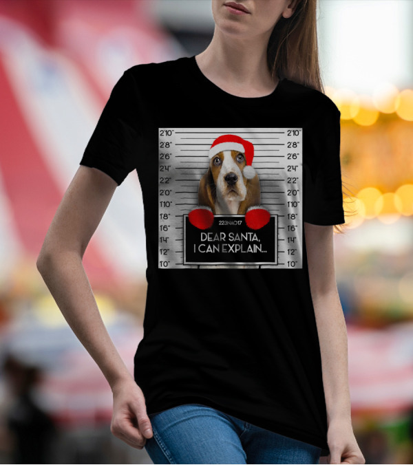 Dear Santa I Can Explain Xmas Cute Basset Hound Mugshot Santa Hat T-Shirt