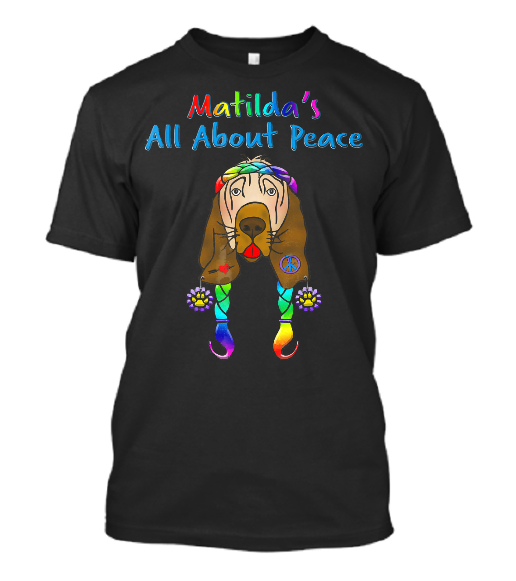 Matilda's All About Peace Tie Dye Hippie Dog With Peace Sign And Flowers T-Shirt