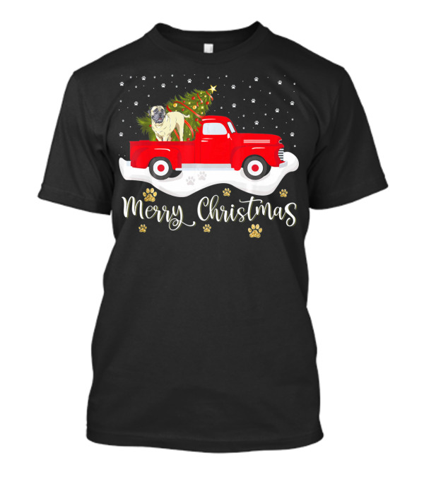 Red Truck Merry Christmas Tree Pug Paw Prints Snowflakes T-Shirt