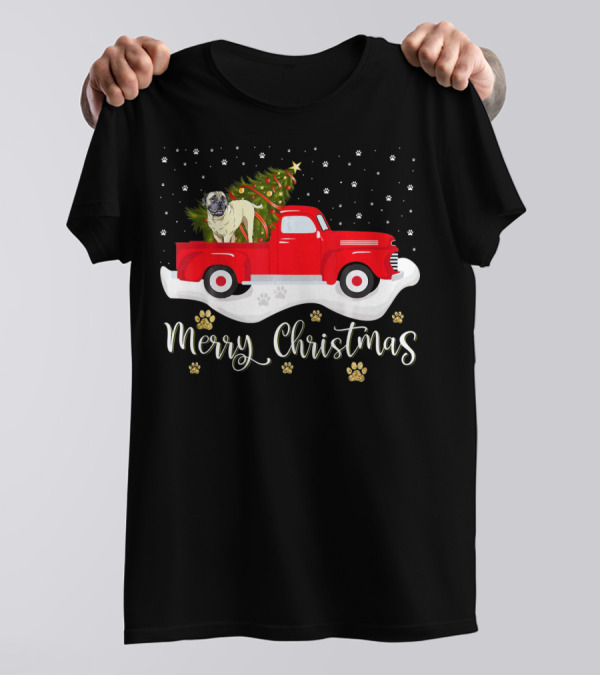 Red Truck Merry Christmas Tree Pug Paw Prints Snowflakes T-Shirt