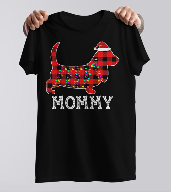 Basset Hound Mommy Christmas Family Matching Plaid Lights T-Shirt
