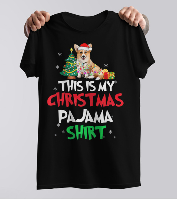 This Is My Christmas Pajama Shirt Santa Corgi Lights Tree Snowflakes T-Shirt