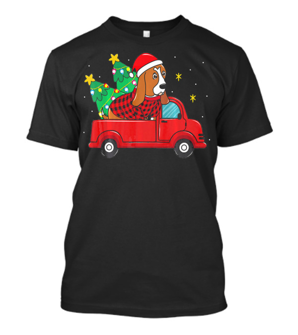 Basset Hound With Santa Hat In Red Truck With Christmas Trees T-Shirt