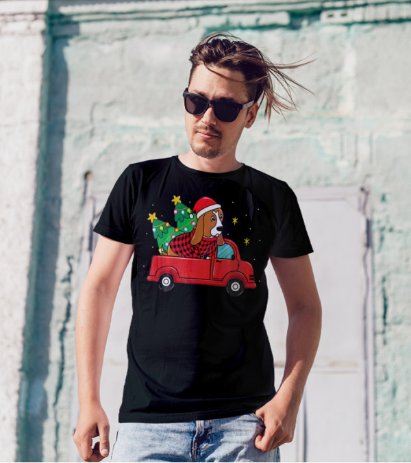 Basset Hound With Santa Hat In Red Truck With Christmas Trees T-Shirt