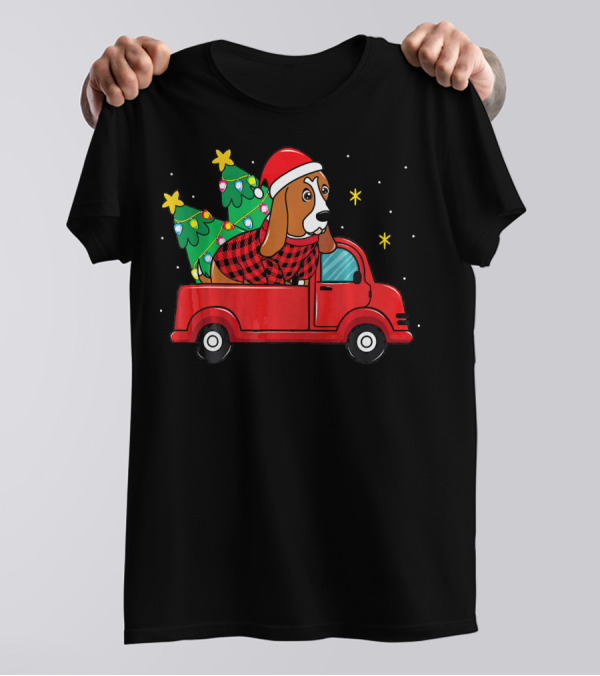 Basset Hound With Santa Hat In Red Truck With Christmas Trees T-Shirt