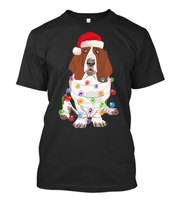 Basset Hound Santa Hat Wrapped In Christmas Lights Xmas Dog T-Shirt