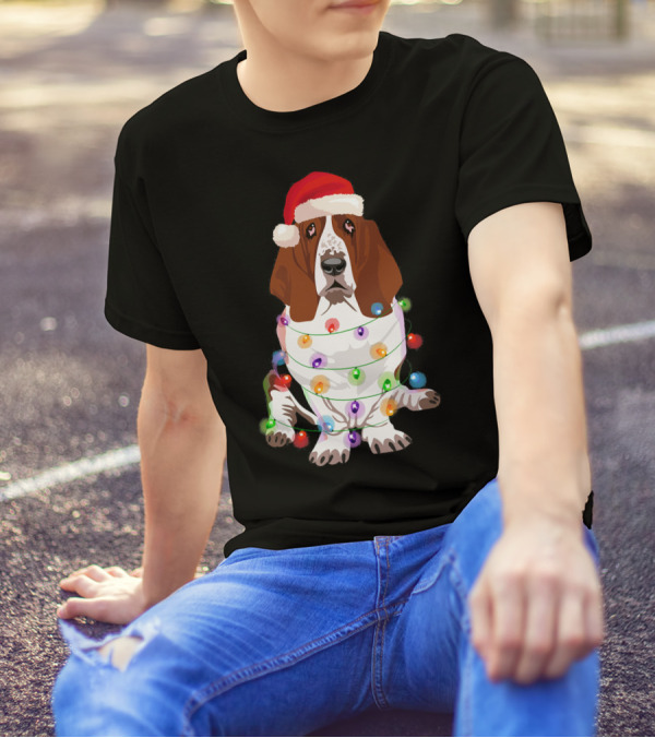 Basset Hound Santa Hat Wrapped In Christmas Lights Xmas Dog T-Shirt
