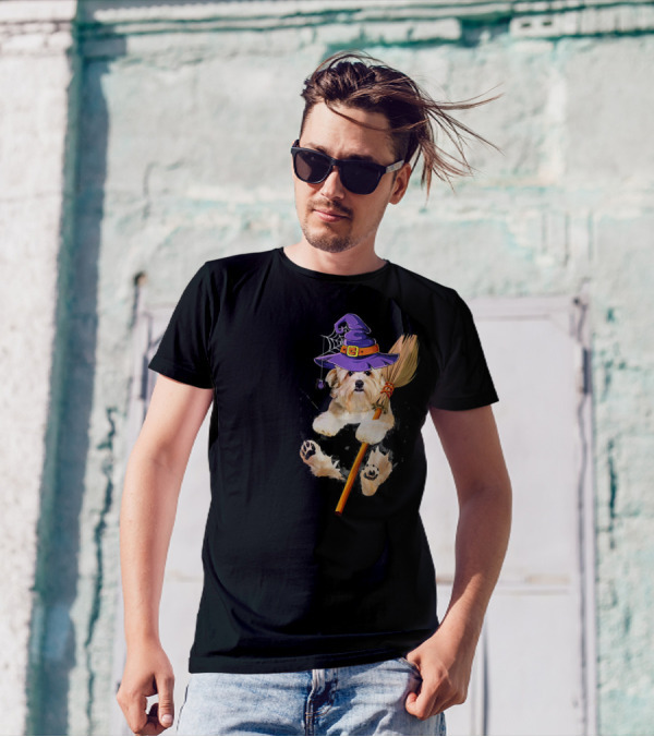 Havanese Dog Witch With Purple Hat And Broomstick T-Shirt