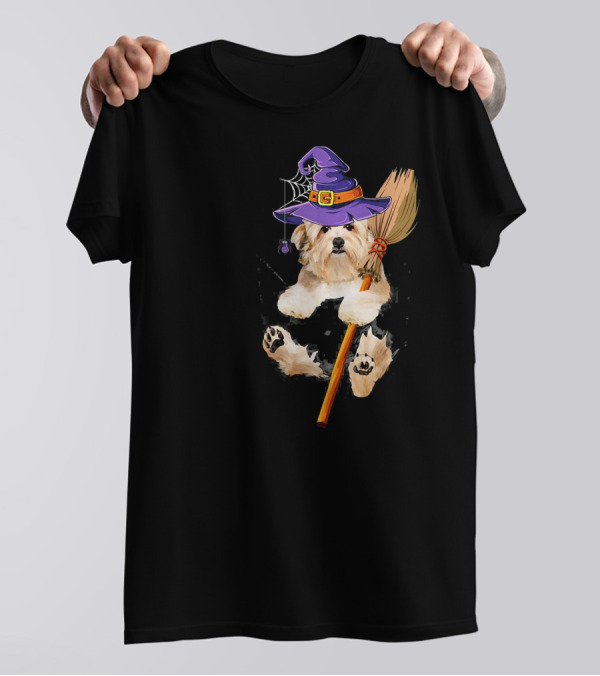 Havanese Dog Witch With Purple Hat And Broomstick T-Shirt