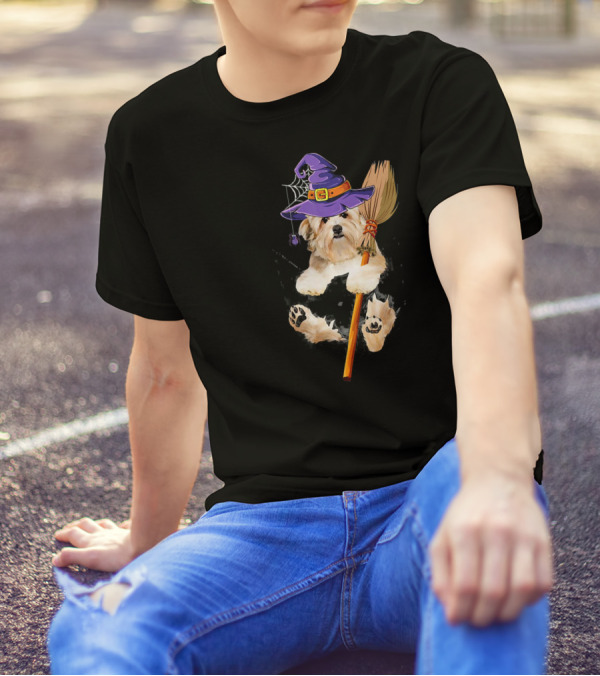 Havanese Dog Witch With Purple Hat And Broomstick T-Shirt