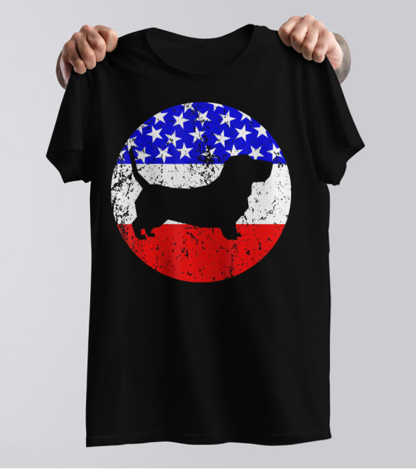 American Flag Basset Hound Silhouette Circle T-Shirt