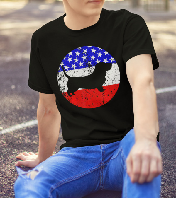 American Flag Basset Hound Silhouette Circle T-Shirt