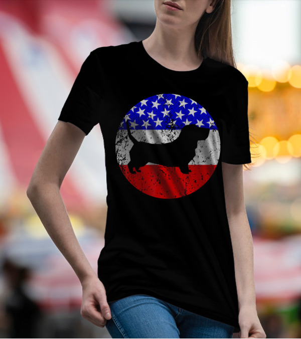 American Flag Basset Hound Silhouette Circle T-Shirt