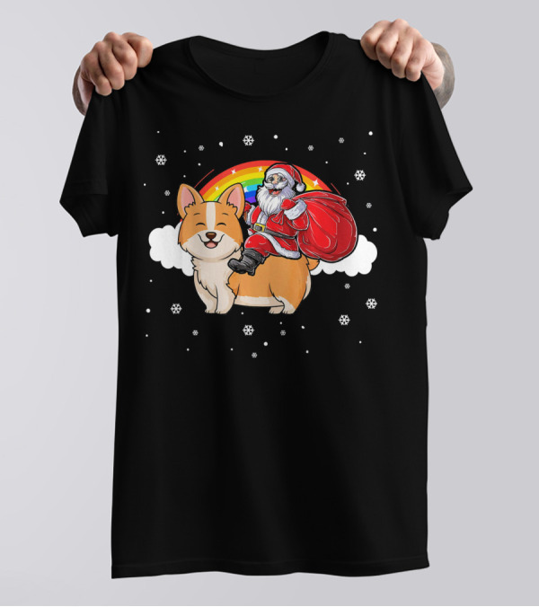 Santa Claus Riding Rainbow Corgi Dog Snowflakes T-Shirt