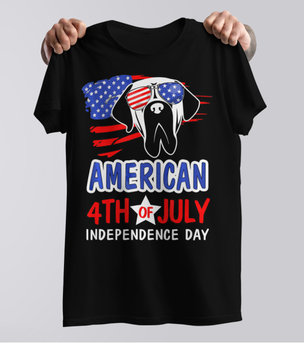 AMERICAN 4TH OF JULY INDEPENDENCE DAY DOG FLAG GLASSES T-Shirt