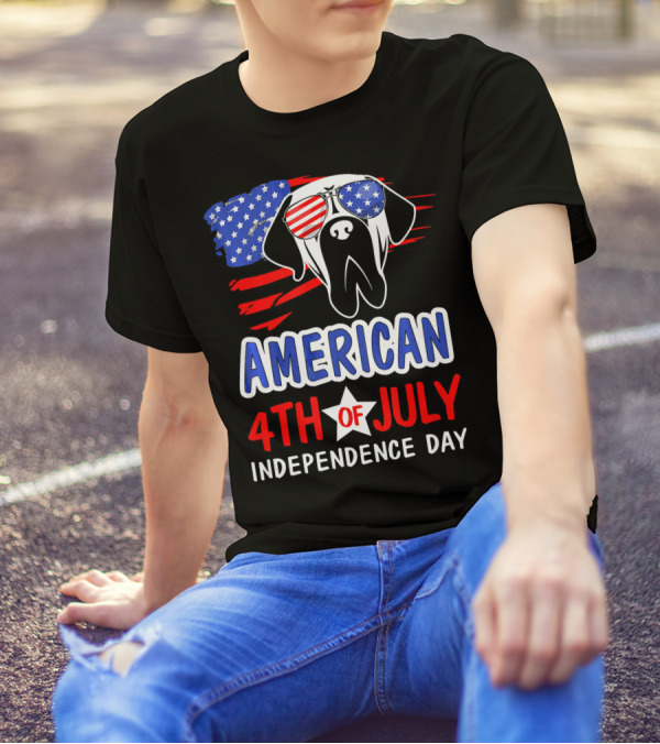 AMERICAN 4TH OF JULY INDEPENDENCE DAY DOG FLAG GLASSES T-Shirt