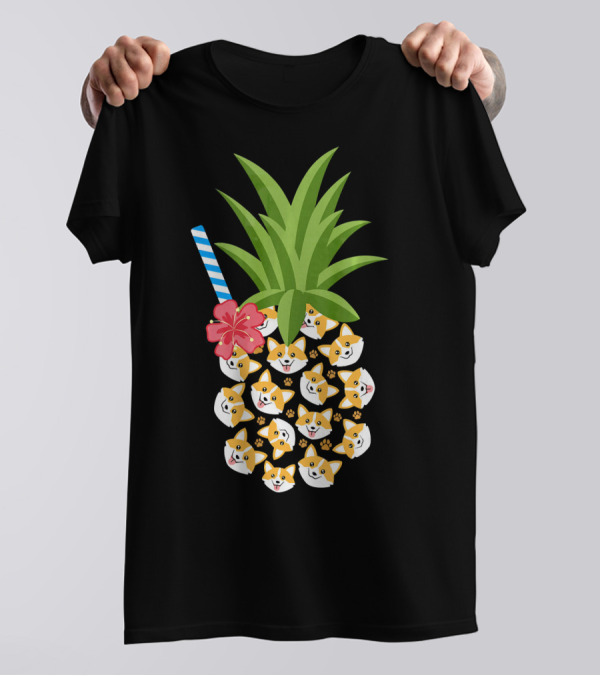 Pineapple Corgi Hawaiian Tropica With Hibiscus And Stripe Straw T-Shirt