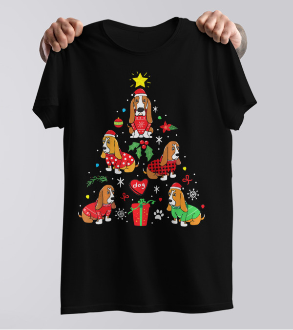 Basset Hound Christmas Ornament Tree Dog Paw Present Snowflakes T-Shirt