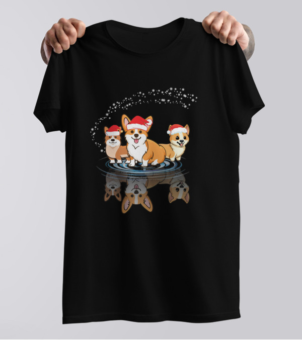 Three Corgi Dogs Noel Costume Santa Hats Reflection T-Shirt