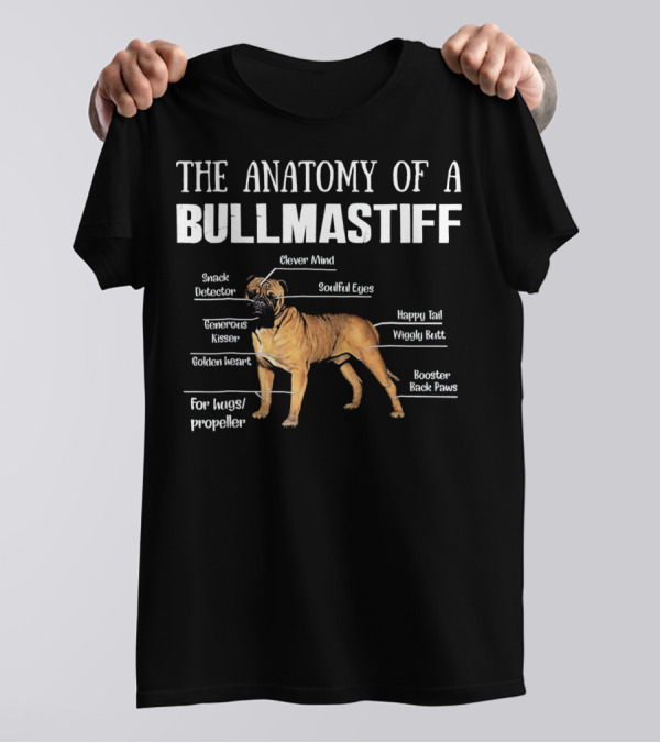 The Anatomy Of A Bullmastiff Clever Mind Snack Detector Soulful Eyes Generous Kisser Golden Heart Happy Tail Wiggly Butt Booster Back Paws For Hugs Propeller T-Shirt