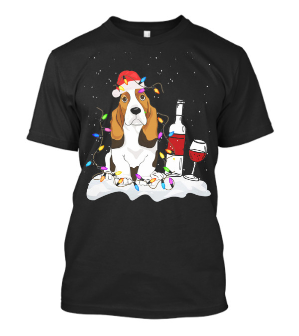 Basset Hound Dog Wine Christmas Light Co Festive Santa Hat Holiday Scene T-Shirt