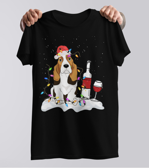 Basset Hound Dog Wine Christmas Light Co Festive Santa Hat Holiday Scene T-Shirt