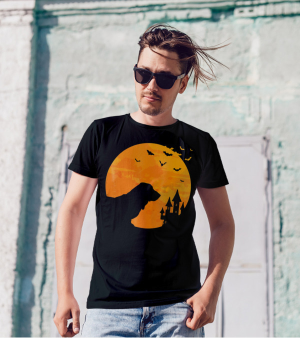 Basset Hound Halloween Moon And Haunted Castle With Bats T-Shirt