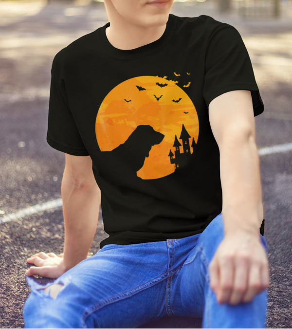 Basset Hound Halloween Moon And Haunted Castle With Bats T-Shirt