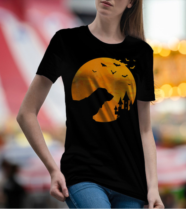 Basset Hound Halloween Moon And Haunted Castle With Bats T-Shirt