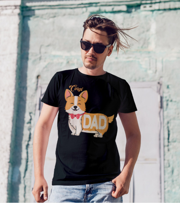 Corgi Dad Mens Cute Cartoon With Bow Tie T-Shirt