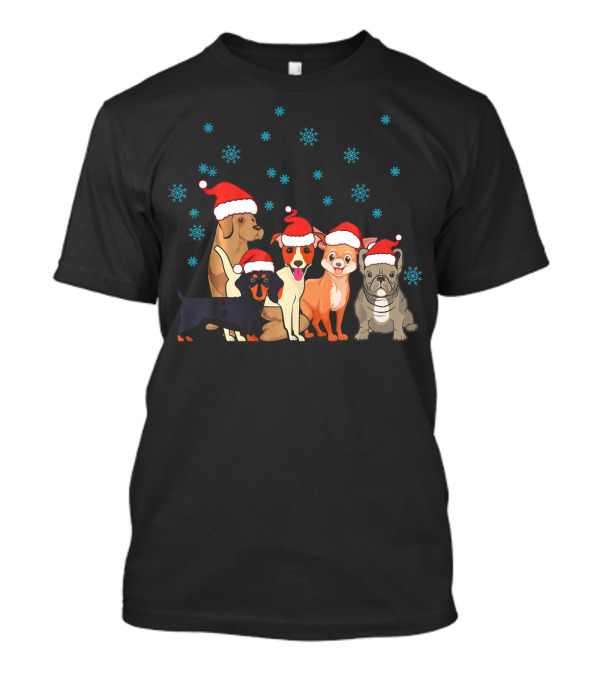 Xmas Dog Cute Frenchie Corgi Dachshund Santa Hats Snowflakes T-Shirt