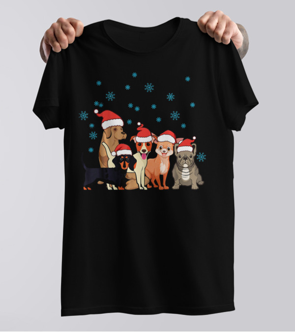 Xmas Dog Cute Frenchie Corgi Dachshund Santa Hats Snowflakes T-Shirt