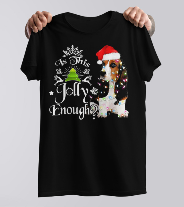 Is This Jolly Enough Basset Hound Christmas Lights Santa Hat T-Shirt