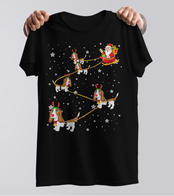 Basset Hound Lover Santa Sleigh Snowflakes T-Shirt