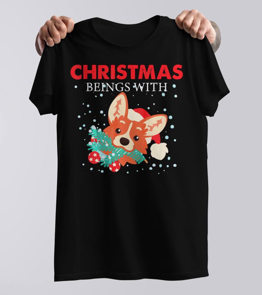 Christmas Begins With Corgi Santa Hat And Snowflakes T-Shirt