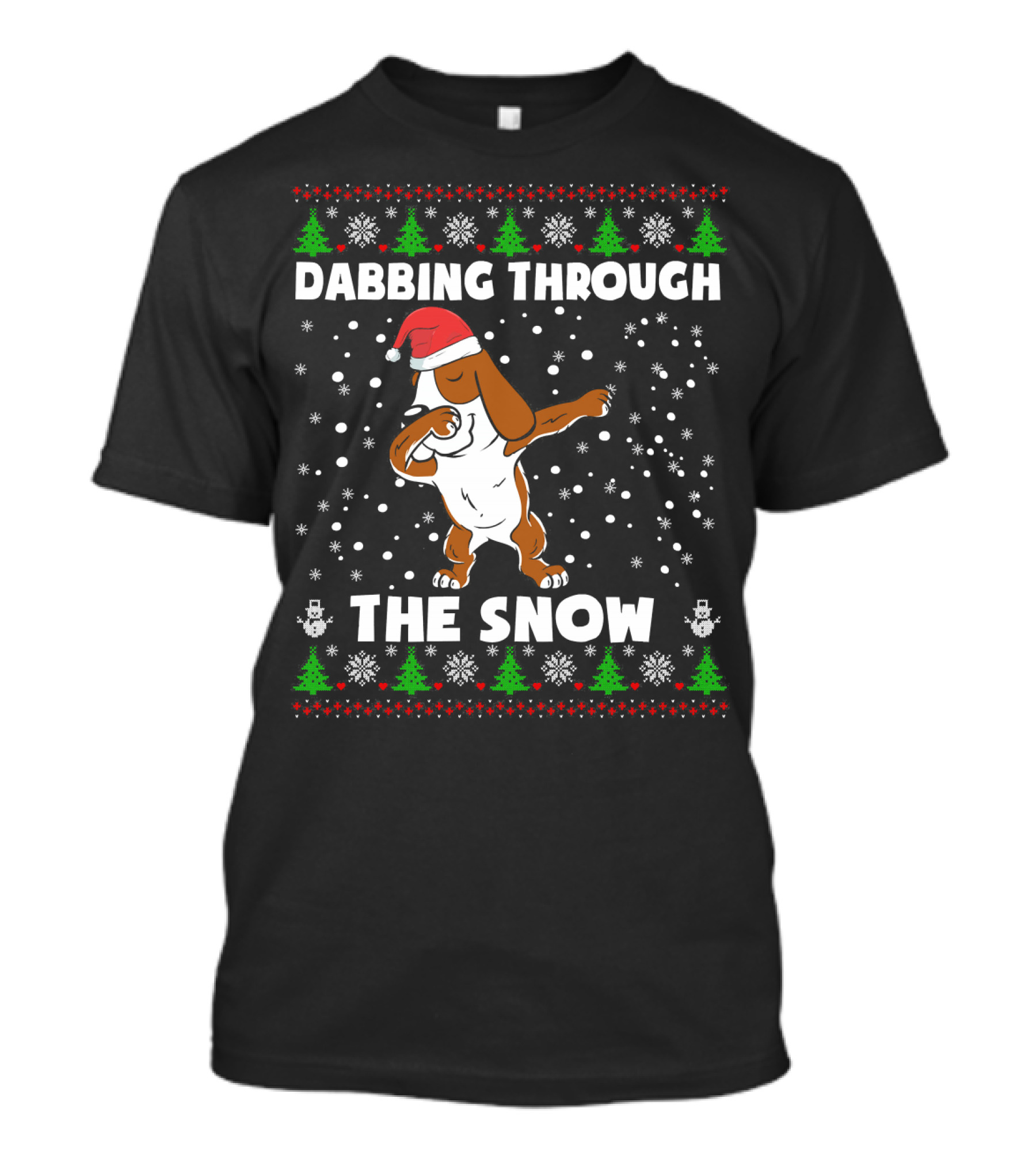 Basset Hound Dabbing Through The Snow Christmas Santa Hat Snowflakes Trees T-Shirt