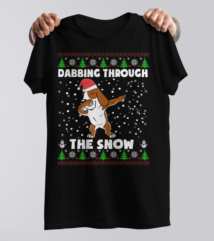 Basset Hound Dabbing Through The Snow Christmas Santa Hat Snowflakes Trees T-Shirt